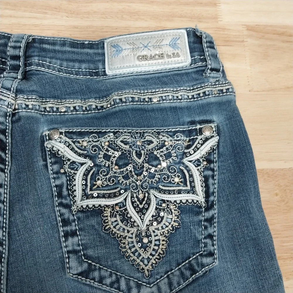 Grace in LA Jeans Women Bootcut Distressed Stretch Denim 30 Blue